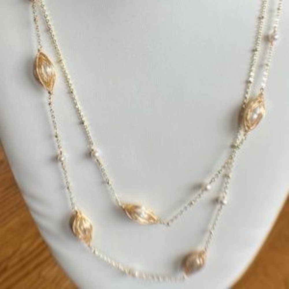 42" White Cultured Pearl Gold Chain Necklace 14K Yellow Gold Plate - Picture 6 of 11